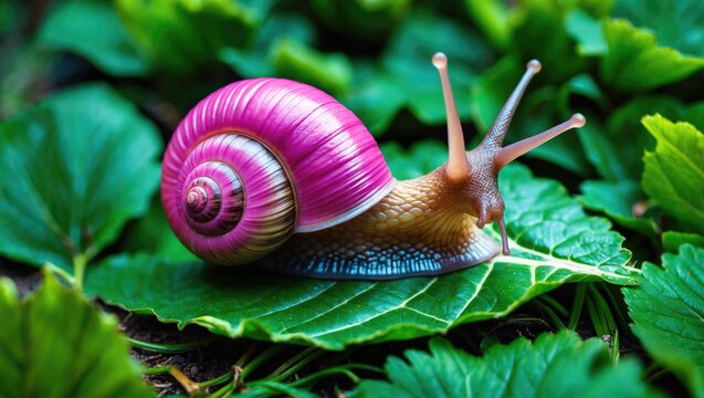 A large pink snail with a damaged shell hurrying over a green leaf. Snail the traveler. Move slowly - then you'll have time! Close-up.