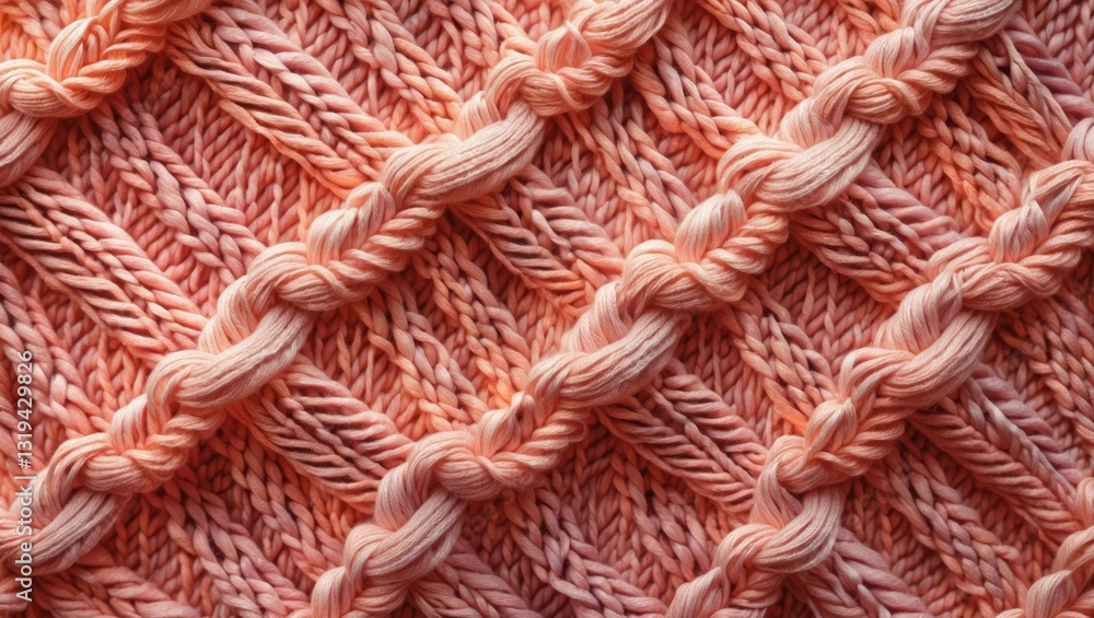 Poster knitted peach backdrop. large knitted textile featuring a design. close-up view of a knitted throw. 