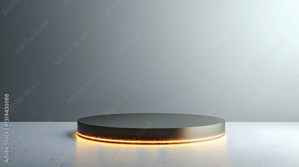 Poster circular gold podium with orange glow on white concrete surface in minimal studio setting for produc