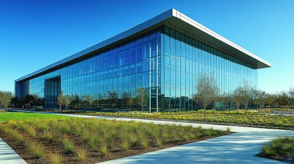 Obraz premium Modern glass office building with landscaped grounds