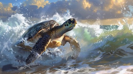 Obraz premium A sea turtle emerging from the waves, its flippers spread wide as it splashes