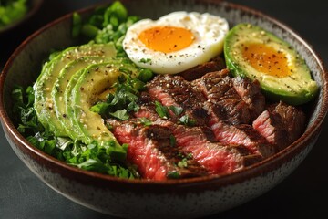 Gourmet steak bowl with avocado egg and fresh greens showcasing a vibrant and nutritious meal