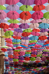 Fototapeta na wymiar decor of hanging colorful umbrellas