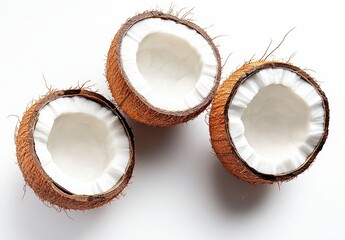 Freshly Cut Coconut Halves Showing White Edible Flesh with Brown Shells on White Background Perfect for Tropical Recipes and Healthy Snacks