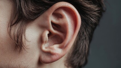 Human auricle, male, external ear, anatomy and structure, hearing impairment and evaluation, selective focus.