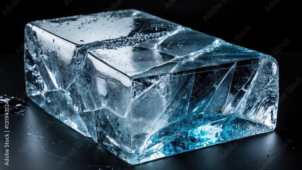 Poster ice block with cracks. a rectangular piece of ice set against a black background.
