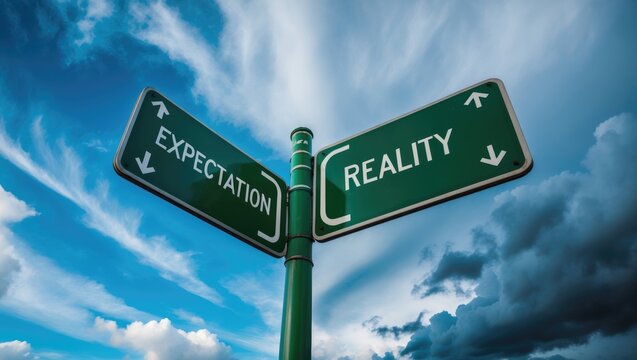 Green traffic direction board with a cloudy and clear sky background. Expectation vs. Reality theme, pessimistic perspective concept.