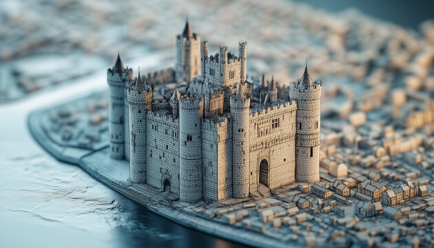 model of an impressive castle near a river
