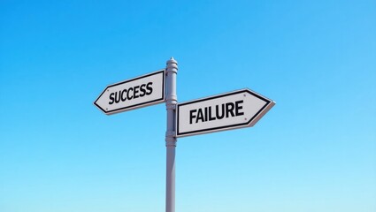 Fototapeta premium Success and failure. White street signs featuring arrows on a metal pole. Directional roads. Crossroads sign. Two-way sign with text.