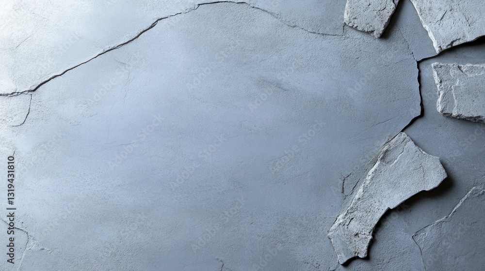 Poster a grey wall with a crack in it and a pile of rubble on the ground