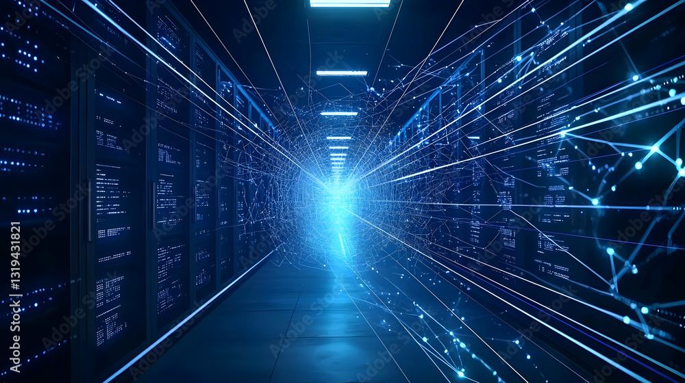 Poster futuristic server room with blue data flow network connectivity visualization in modern data center