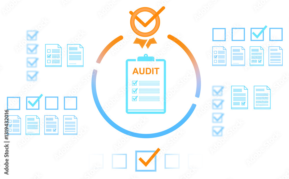 Poster audit checklist with verified documents, checkmarks, and compliance symbols in blue and orange gradi