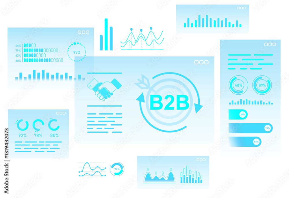 Poster digital b2b business concept with data visualization, analytics, and handshake icon in light blue gr