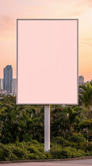 Minimalist blank billboard set against dramatic sunset with urban skyline and lush greenery