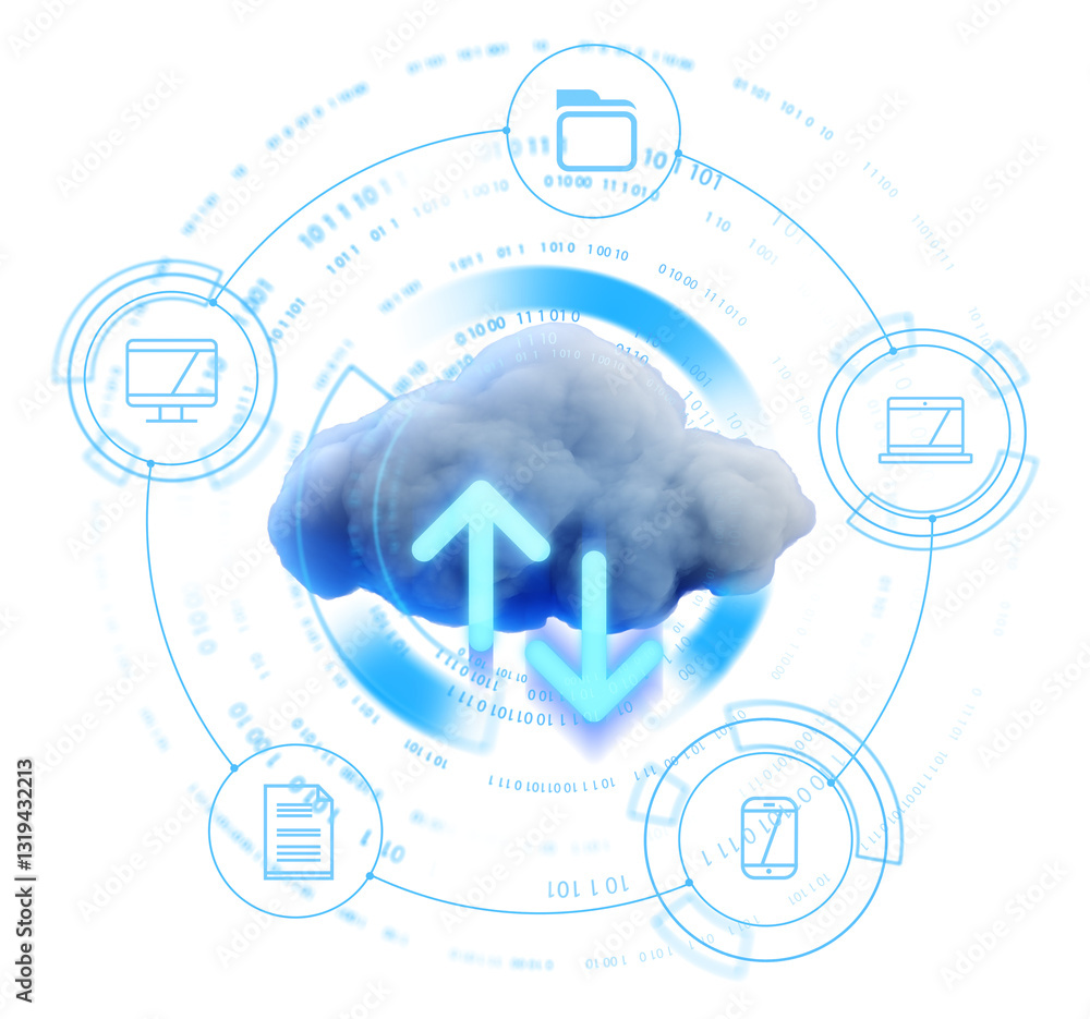 Aufkleber cloud with upload and download arrows in futuristic digital interface, symbolizing data transfer and