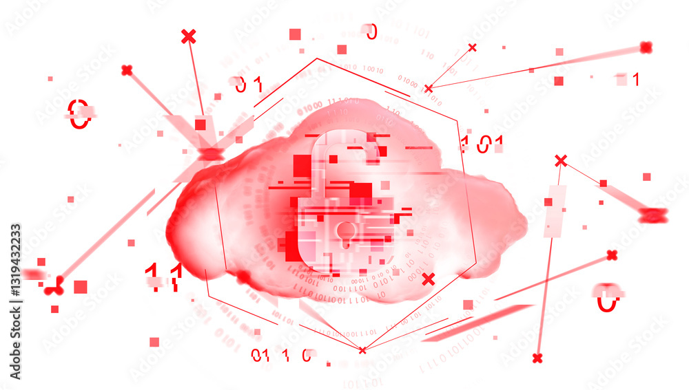 Poster digital cloud with a padlock symbol and glitch effects on a white background. represents data securi