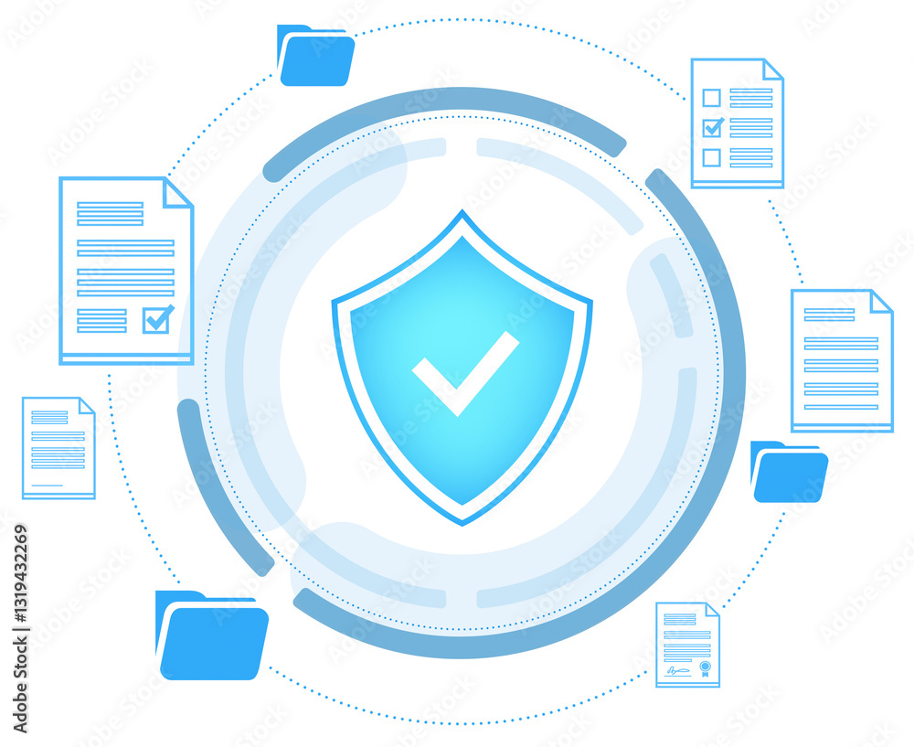 Poster secure shield with a checkmark surrounded by digital documents and folders, illustrating data protec