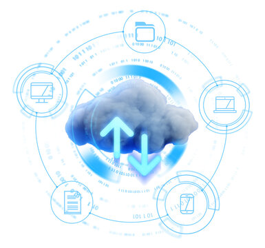 Cloud with upload and download arrows in futuristic digital interface, symbolizing data transfer and storage. Abstract background. Concept of cloud computing. 3D Rendering