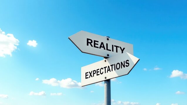 Two street signs on a metal pole depict the difference between reality and expectation, featuring directional arrows. Crossroads Road Sign with two arrows against a blue sky background, showcasing ...