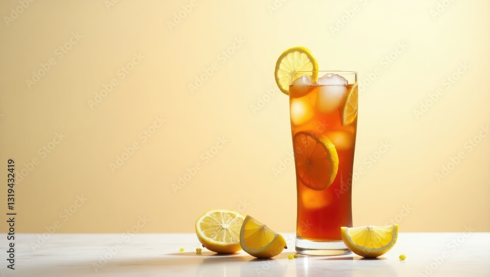 Poster iced tea with lemon and ice served in a tall glass against a backdrop. the idea of a refreshing drin