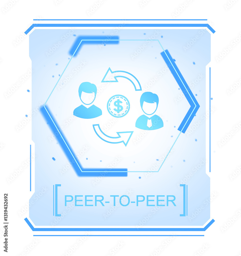 Poster peer-to-peer exchange concept with two user icons and currency transaction symbol in a futuristic bl