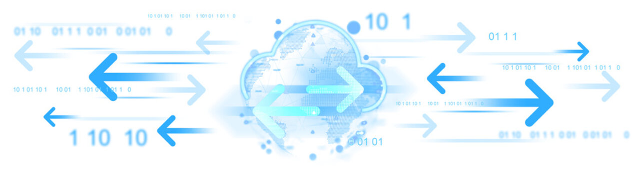Abstract image of cloud computing with data flow arrows and binary code in blue tones on a white background. Concept of digital communication and technology. 3D Rendering