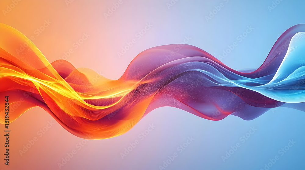 Poster dynamic abstract flowing gradient waves of orange and blue with glowing particles on a gradient back