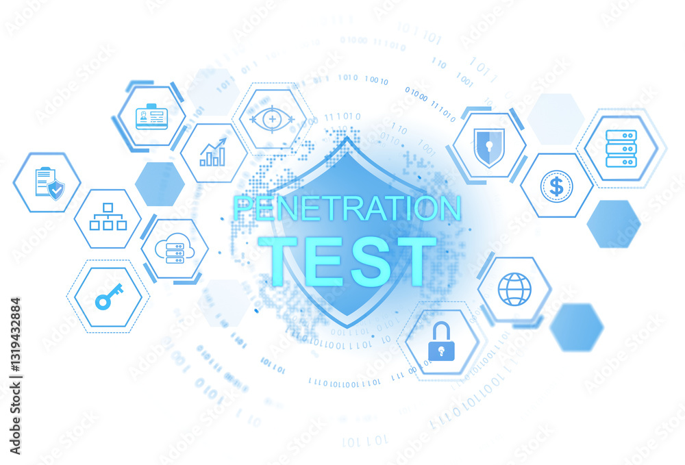 Poster cybersecurity penetration test concept with digital shield, hexagonal icons, and binary code on a li