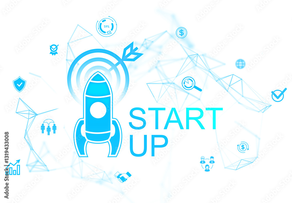 Poster rocket with target and arrow symbolizing startup success, surrounded by business and technology icon