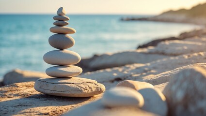 Stones are balanced at the vintage beach, creating an inspirational summer landscape. The stability hierarchy is stacked over the blue sea, embodying the spa or well-being, as well as freedom and s...