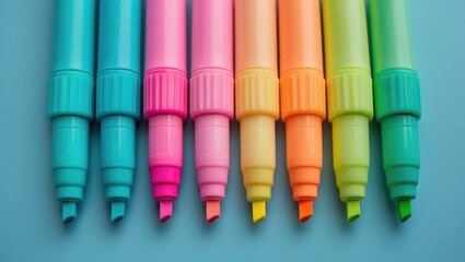 Highlighter markers in vibrant colors arranged on a blue background.