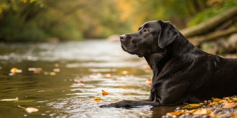 Calm black labrador retrieving in a serene river autumn setting nature photography peaceful environment side view pet bonding