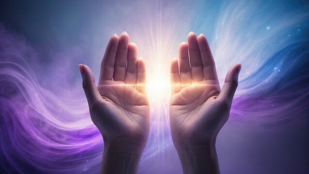 Sending you uplifting spiritual healing energy - female cupped hands set against a backdrop perfect for a Share Invitation with space for text.
