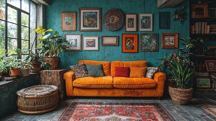 Cozy and Colorful Living Room Interior with Plants, Art, and Vintage Furniture in Bright Setting
