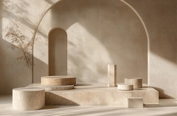 Beige stone podiums in arched room with sunlight.