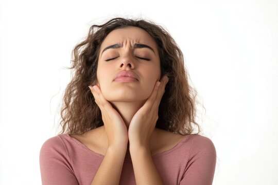 Woman Experiencing Discomfort from Acid Reflux or Heartburn - Isolated on White Background