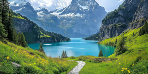 alpine landscape featuring a pristine lake, lush greenery, and dramatic mountain peaks. It is a serene and picturesque scene that highlights the beauty of nature.