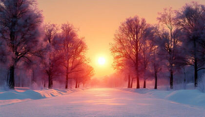 Snowy path through a winter forest at sunset.  Warm light bathes snow-covered trees. Serene winter landscape
