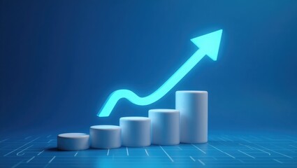 Rising luminous arrows on white block chart stages against a blue backdrop with a line graph table. The growth graph process, goal, success, and enhancement concepts.