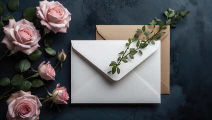 Mockup of an invitation or greeting card featuring an envelope and roses on a dark background, blank design.