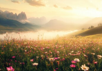 Obraz premium Majestic Sunrise Over Blooming Meadow With Colorful Wildflowers and a Serene Mountain Landscape in Background Under Golden Sky