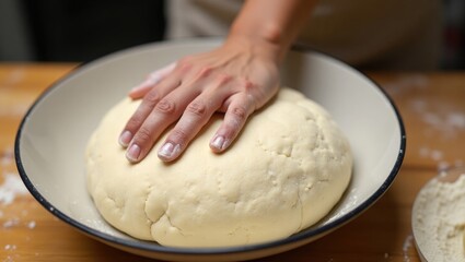 Kneading homemade yeast dough in a bowl for sourdough bread.