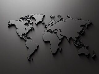 Monochrome 3D world map with reflective surfaces against a dark background Modern mapping technique Generative AI