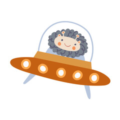 Cute alien traveling in space in an intergalactic ship. Children's space adventure. Vector hand drawn illustration.