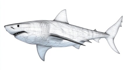 Obraz premium 3D Model of Great White Shark, Isolated, Wireframe, Ocean Creature