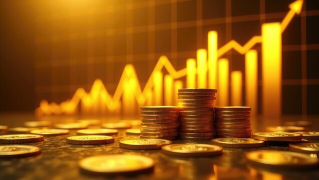 business golden coin digital currency on stock market financial positive indicator background. Double exposure advancement futuristic chart money investment. investor cryptocurrency information con...