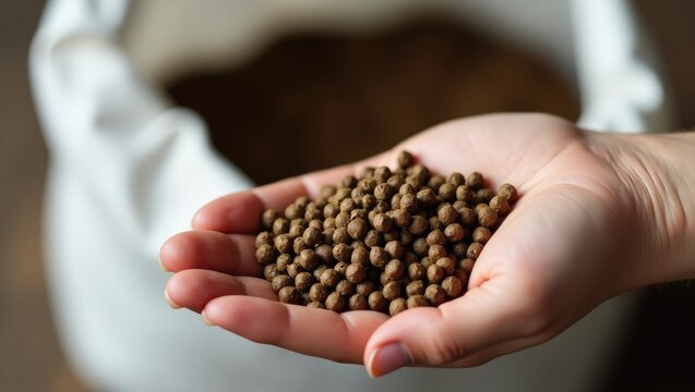 Hand cupping animal, livestock, poultry feeds freshly taken from the bag.