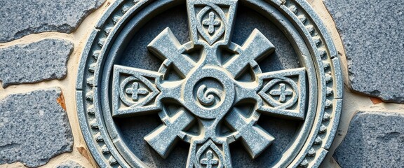 Ancient grey granite Celtic cross wheel, rustic texture, religious symbol, design, religious
