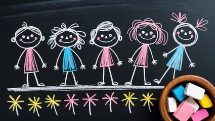 Drawing on a blackboard depicting the concept of inclusive education, showing children with special abilities illustrated as freehand stick figures using colored chalk.