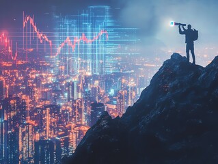 Person with a telescope on a rocky peak, financial graphs overlaid, cityscape background, concept of future market vision Generative AI